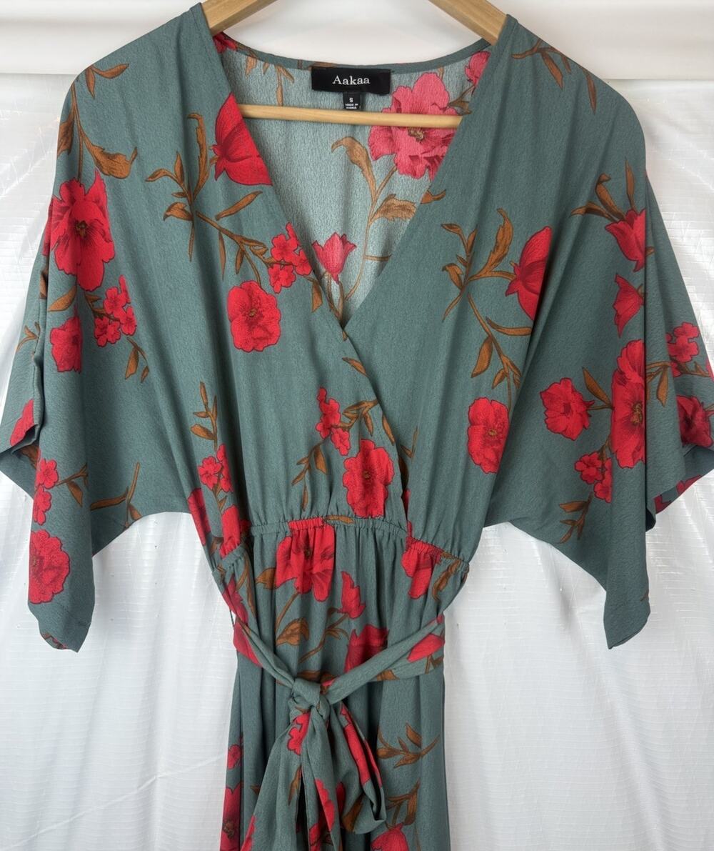 Aakaa Sage Green Floral Maxi Wrap Dress V-Neck Pink Red Long Kimono Boho Small S